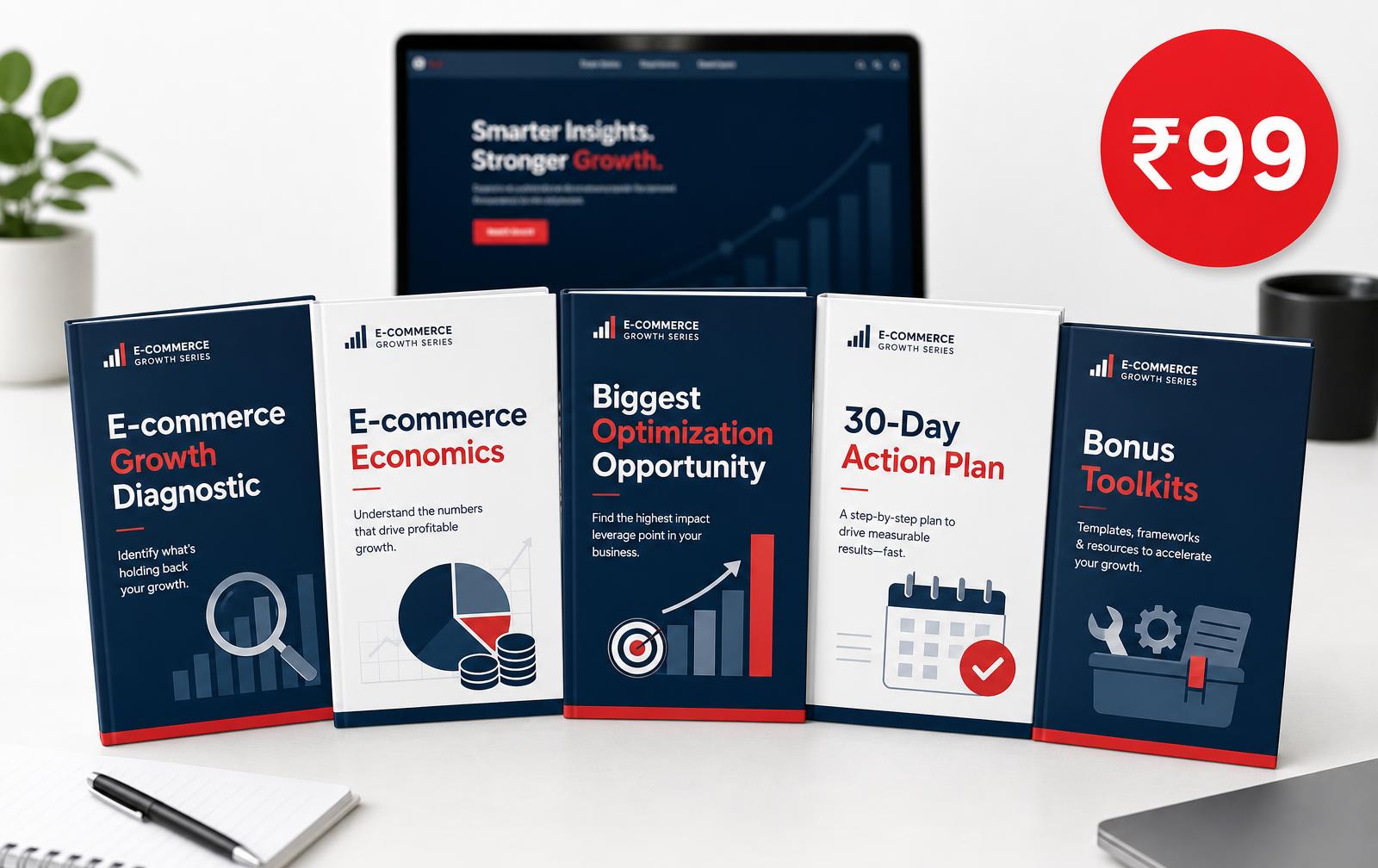 E-commerce Growth Diagnostic product bundle showing the five included guides and tools
